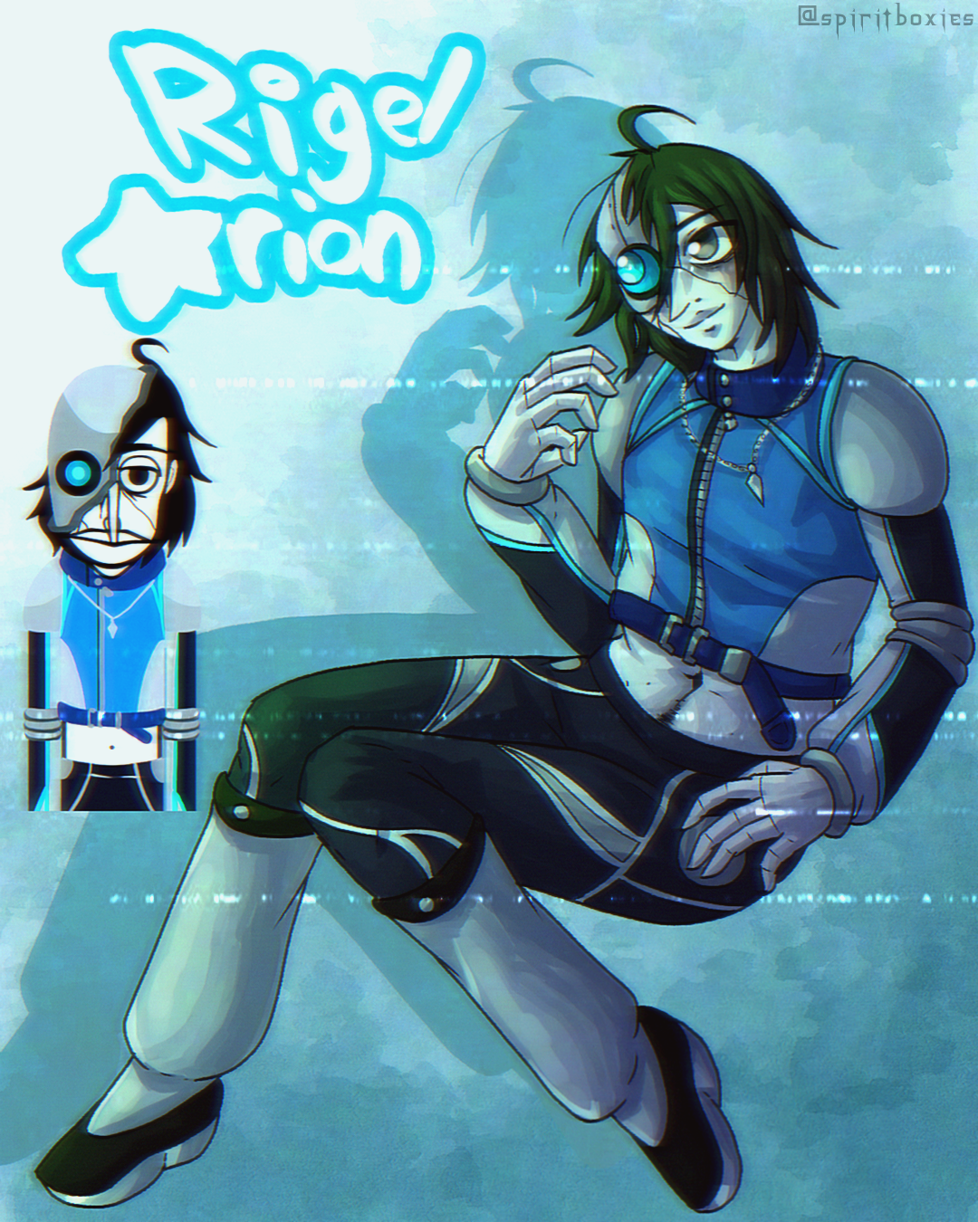 illustration of reach with longer hair and a chubbier body type. his outfit is replaced by a bright blue, cropped leather jacket and black yoga pants with neon white streaks. his robot eye is blue instead of orange. a polo version of this design is in the middle left. text in the top right reads 'rigel orion'
